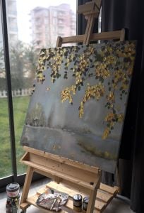 Yağlı Boya Dokulu Kabartmalı Gold Yapraklar Tablo