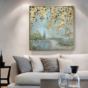 Yağlı Boya Dokulu Kabartmalı Gold Yapraklar Tablo 70x100cm Kanvas Tablo - Altın Metal Çerçeve-