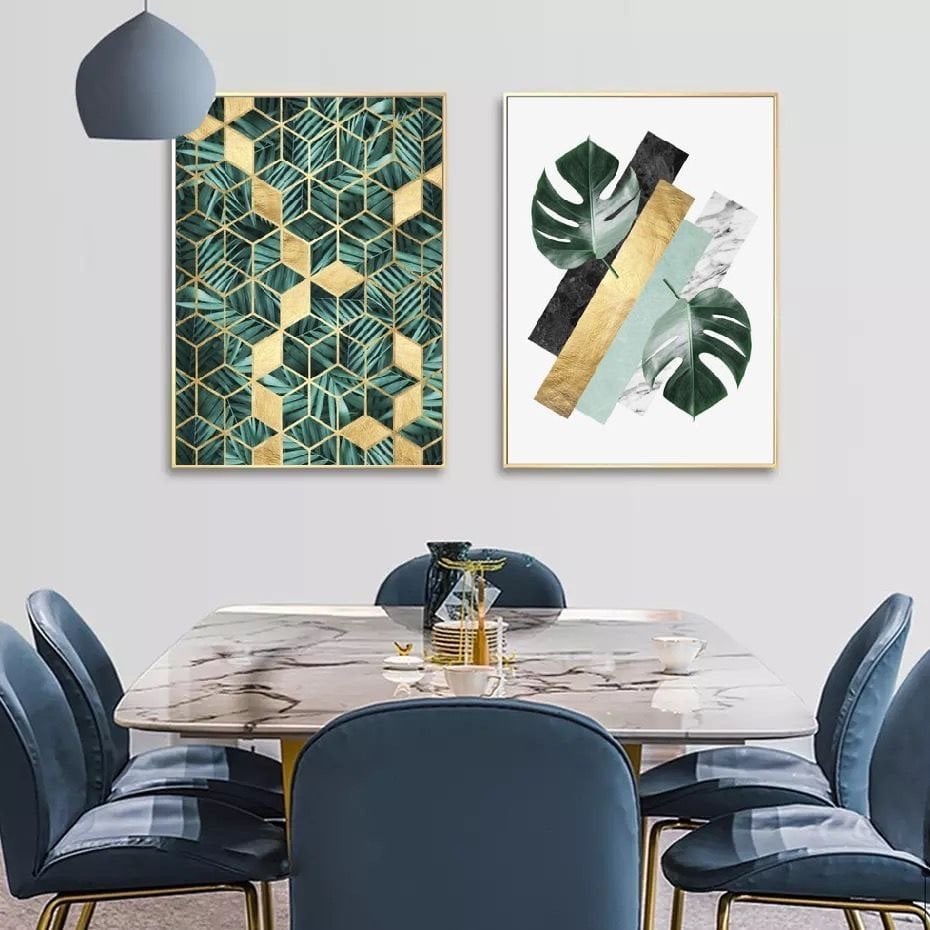 İkili Kanvas Tuval Tablo Hexagon with Golden Kod: LK819-K