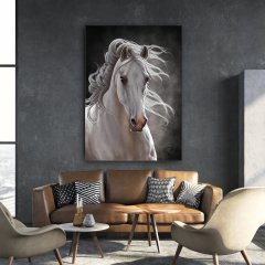 Kanvas Tablo Beyaz At Kod: LK852-K 90x90cm Kanvas Tablo - Altın Metal Çerçeve-