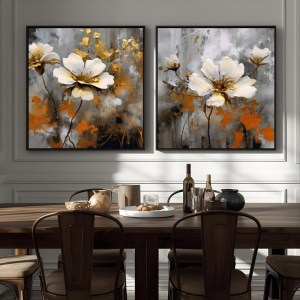 Yağlı Boya Dokulu Kabartmalı Gold Detaylı Vintage Çiçekler İkili Set Tablo 70x70cm