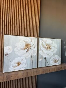 Yağlı Boya Dokulu Kabartmalı Krem Çiçekler İkili Set Tablo 70x70cm