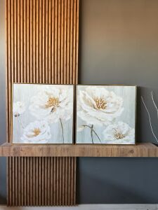Yağlı Boya Dokulu Kabartmalı Krem Çiçekler İkili Set Tablo 70x70cm