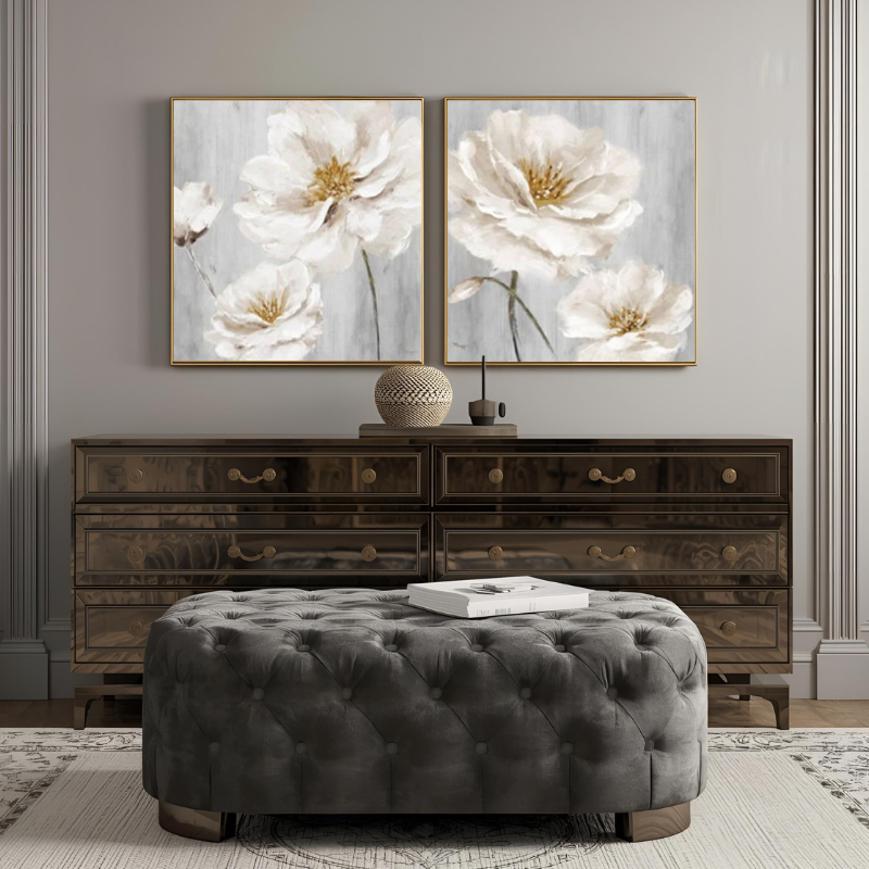 Yağlı Boya Dokulu Kabartmalı Krem Çiçekler İkili Set Tablo 70x70cm