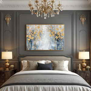 Yağlı Boya Dokulu Kabartmalı Gold Soyut Çiçekler Tablo