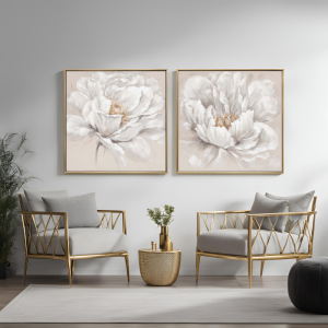 İkili Kanvas Tuval Tablo Krem Çiçekler Kod: EYL98