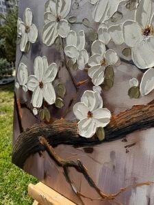 Yağlı Boya Dokulu Kabartmalı Çiçekli Ağaç Tablo