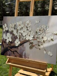 Yağlı Boya Dokulu Kabartmalı Çiçekli Ağaç Tablo