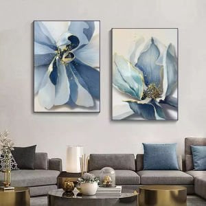 İkili Kanvas Tuval Tablo Mavi Çiçekler Kod: H80-K