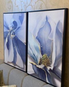 İkili Kanvas Tuval Tablo Mavi Çiçekler Kod: H80-K