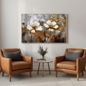 Yağlı Boya Dokulu Kabartmalı Gold Detaylı Vintage Çiçekler Tablo