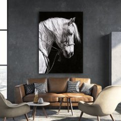 Kanvas Tablo Beyaz At Kod: LK847-K 90x90cm Kanvas Tablo - Altın Metal Çerçeve-