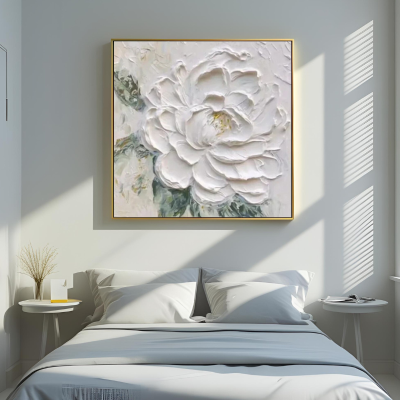 Yağlı Boya Dokulu Kabartmalı Beyaz Gül Tablo 90x90cm