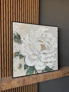 Yağlı Boya Dokulu Kabartmalı Beyaz Gül Tablo 90x90cm Çerçevesiz
