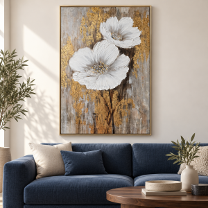 Yağlı Boya Dokulu Tablo Altın Varaklı Beyaz Çiçek 70x100cm