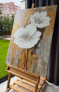 Yağlı Boya Dokulu Tablo Altın Varaklı Beyaz Çiçek 70x100cm