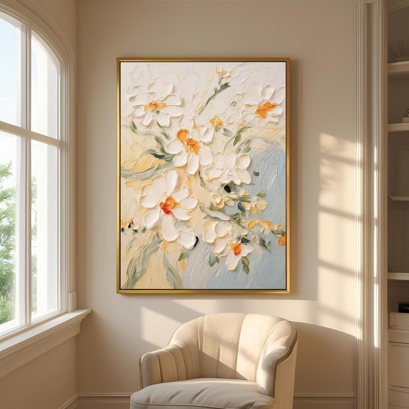 Yağlı Boya Dokulu Kabartmalı Soyut Krem Çiçekler Tablo