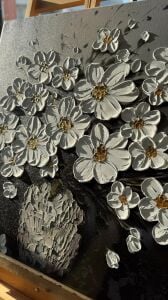 Yağlı Boya Dokulu Kabartmalı Vazoda Beyaz Çiçekler Tablo 90x90cm