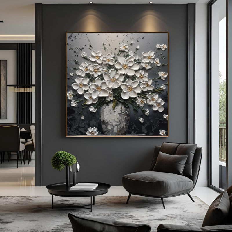 Yağlı Boya Dokulu Kabartmalı Vazoda Beyaz Çiçekler Tablo 90x90cm