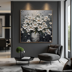 Yağlı Boya Dokulu Kabartmalı Vazoda Beyaz Çiçekler Tablo 90x90cm