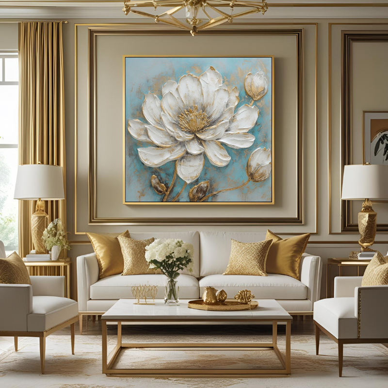 Yağlı Boya Dokulu Kabartmalı Altın Detaylı Manolya Tablo 90x90cm