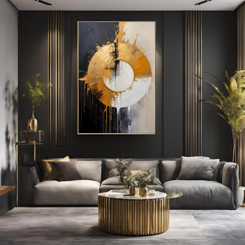 Kanvas Tuval Tablo Altın Beyaz Akış Daire Kod: EYL79