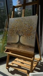 Yağlı Boya Dokulu Kabartmalı Altın Yapraklı Hayat Ağacı Tablo 90x90cm