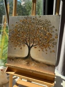 Yağlı Boya Dokulu Kabartmalı Altın Yapraklı Hayat Ağacı Tablo 90x90cm