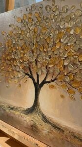 Yağlı Boya Dokulu Kabartmalı Altın Yapraklı Hayat Ağacı Tablo 90x90cm