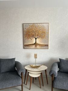 Yağlı Boya Dokulu Kabartmalı Altın Yapraklı Hayat Ağacı Tablo 90x90cm