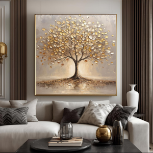 Yağlı Boya Dokulu Kabartmalı Altın Yapraklı Hayat Ağacı Tablo 90x90cm