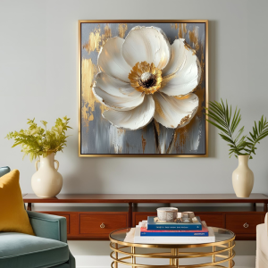 Yağlı Boya Dokulu Kabartmalı Gold Detaylı Çiçek Tablo 90x90cm