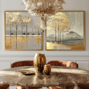 Yağlı Boya Dokulu Kabartmalı Gold Soyut Silüetler İkili Set Tablo 70x70cm