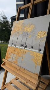 Yağlı Boya Dokulu Kabartmalı Gold Soyut Silüetler İkili Set Tablo 70x70cm