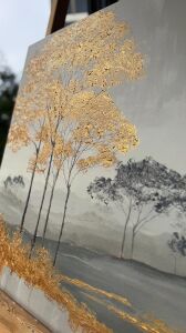 Yağlı Boya Dokulu Kabartmalı Gold Soyut Silüetler İkili Set Tablo 70x70cm