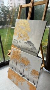 Yağlı Boya Dokulu Kabartmalı Gold Soyut Silüetler İkili Set Tablo 70x70cm