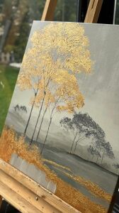 Yağlı Boya Dokulu Kabartmalı Gold Soyut Silüetler İkili Set Tablo 70x70cm