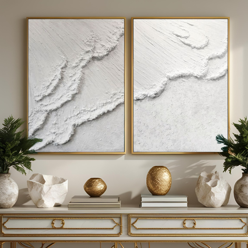 İkili Yağlı Boya Dokulu Kabartmalı Beyaz Kıyı Tablo 50x70cm