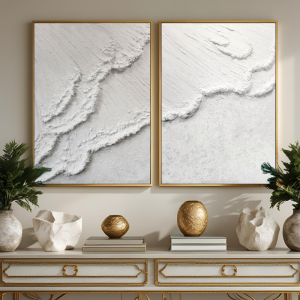 İkili Yağlı Boya Dokulu Kabartmalı Beyaz Kıyı Tablo 50x70cm