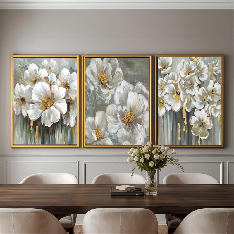 Üçlü Yağlı Boya Dokulu Altın Detaylı Çiçekler Tablo 50x70cm