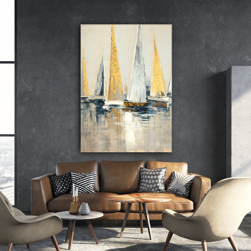 Kanvas Tablo Soyut Yelken Kod: 3296-K 90x90cm Kanvas Tablo - Altın Metal Çerçeve-