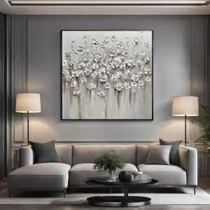 Yağlı Boya Dokulu Kabartmalı Beyaz Çiçekler Tablo 90x90cm