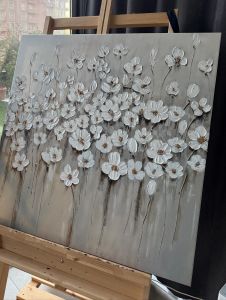 Yağlı Boya Dokulu Kabartmalı Beyaz Çiçekler Tablo 90x90cm