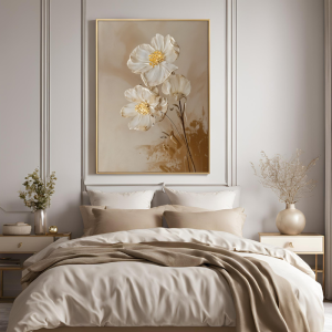 Yağlı Boya Dokulu Kabartmalı Krem Çiçekler Tablo 70x100cm