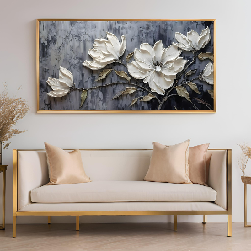 Yağlı Boya Dokulu Kabartmalı Beyaz Çiçekler Tablo 70x120cm