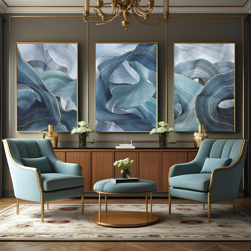 Üçlü Kanvas Tuval Tablo Seti Blue Abstract Waves Kod: A751-K