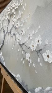 Yağlı Boya Dokulu Kabartmalı Beyaz Çiçekli Ağaç Tablo 70x120cm