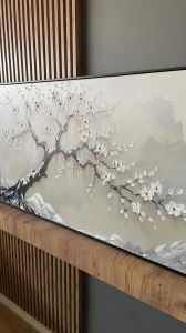 Yağlı Boya Dokulu Kabartmalı Beyaz Çiçekli Ağaç Tablo 70x120cm
