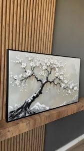 Yağlı Boya Dokulu Kabartmalı Beyaz Çiçekli Ağaç Tablo 70x120cm