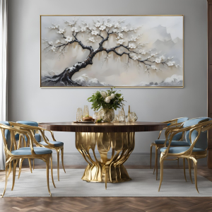 Yağlı Boya Dokulu Kabartmalı Beyaz Çiçekli Ağaç Tablo 70x120cm